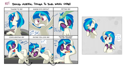 Size: 2451x1300 | Tagged: safe, artist:adequality, artist:jessy, dj pon-3, vinyl scratch, oc, oc:anon, pony, accessory theft, blushing, cute, dialogue, doing loving things, female, good end, meme, petting, tsundere, vinylbetes