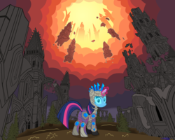 Size: 12800x10240 | Tagged: safe, artist:azure-vortex, twilight sparkle, g4, .svg available, absurd resolution, allods online, armor, female, frown, looking at you, looking back, magic, ruins, sky, solo, vector, wide eyes