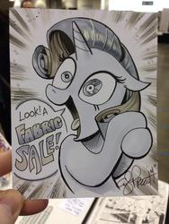 Size: 768x1024 | Tagged: safe, artist:andypriceart, rarity, pony, unicorn, g4, andy you magnificent bastard, excited, eyes, female, flanderization, hair-tugging excited rarity, i can't believe it's not idw, insanity, irrational exuberance, little tongue, mismatched eyes, monochrome, rarisnap, smiling, solo, that pony sure does love dresses, traditional art