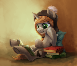 Size: 1840x1572 | Tagged: safe, artist:kaermter, oc, oc only, pony, unicorn, book, hat, reading, sitting, solo