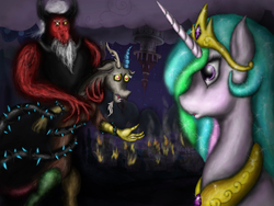 Size: 4288x3216 | Tagged: safe, artist:crimson-shield, discord, lord tirek, princess celestia, g4, trio