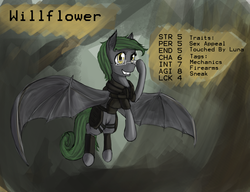 Size: 1545x1189 | Tagged: safe, artist:pantzar, oc, oc only, oc:willflower, bat pony, pony, fallout equestria, reference sheet, solo