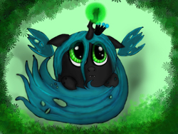 Size: 4288x3216 | Tagged: safe, artist:crimson-shield, queen chrysalis, changeling, changeling queen, nymph, g4, crown, curled up, cute, cutealis, fangs, female, jewelry, looking up, magic, prone, regalia, smiling, solo, tail