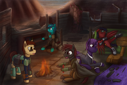 Size: 4200x2800 | Tagged: safe, artist:pantzar, oc, oc only, fallout equestria, campfire, sunset