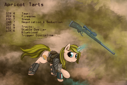 Size: 1875x1250 | Tagged: safe, artist:pantzar, oc, oc only, pony, unicorn, fallout equestria, armor, female, frown, gun, magic, mare, raised hoof, reference sheet, rifle, solo, telekinesis, weapon