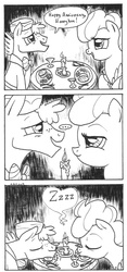 Size: 600x1282 | Tagged: safe, artist:abronyaccount, carrot cake, cup cake, g4, comic, lineart, monochrome, sleeping, zzz