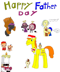 Size: 2365x2827 | Tagged: safe, artist:pokeneo1234, carrot cake, pound cake, pumpkin cake, oc, oc:ben mare, oc:nyx, g4, clockmaster, crossover, cub, don't hug me i'm scared, father's day, gregory horror show, happy tree friends, hell chef, high res, manny reginald, mass crossover, my son (ghs), non-mlp oc, pop, roy reginald