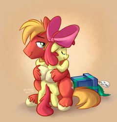 Size: 873x914 | Tagged: safe, artist:thedoggygal, apple bloom, big macintosh, earth pony, pony, g4, adorabloom, crying, cute, female, filly, foal, hug, macabetes, male, present, smiling, stallion, tears of joy