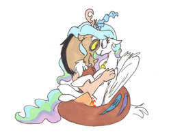 Size: 1280x1042 | Tagged: dead source, safe, artist:frankilew, discord, princess celestia, g4, cuddling, cute, discute, eye contact, female, floppy ears, hug, male, missing accessory, ship:dislestia, shipping, smiling, snuggling, straight, traditional art