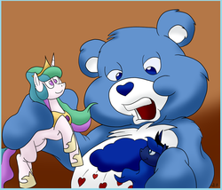 Size: 1038x890 | Tagged: safe, artist:virus-20, princess celestia, princess luna, g4, care bears, female, grumpy bear, now kiss, toy