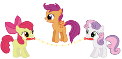 Size: 4000x1952 | Tagged: safe, artist:azure-vortex, apple bloom, scootaloo, sweetie belle, g4, cute, cutie mark crusaders, grin, happy, hopping, jump rope, jumping, mouth hold, open mouth, playing, simple background, smiling, transparent background, vector