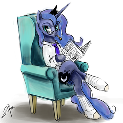 Size: 1280x1280 | Tagged: safe, artist:silfoe, princess luna, lunadoodle, g4, chair, clothes, crossed legs, father's day, female, glasses, newspaper, pipe, reading, shirt, sitting, smoking, socks, solo