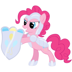 Size: 3000x3000 | Tagged: safe, artist:azure-vortex, pinkie pie, earth pony, pony, g4, armor, bipedal, cutie mark, dark ages, female, glare, grin, high res, hoof hold, hoof shoes, knight, serious, shield, simple background, smiling, smirk, solo, transparent background, vector