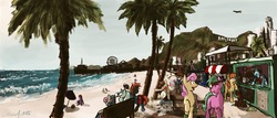 Size: 1936x828 | Tagged: safe, artist:masterjosh140, pegasus, pony, unicorn, beach, city, clothes, colt, crying, ferris wheel, headband, hollywood, ice, ice cream, ice cream cone, jogging, los angeles, los pegasus, ocean, palm tree, parody, pier, plane, relaxing, sand, santa monica, soda, stretching, swimsuit, tree, umbrella, venice beach, water