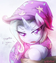 Size: 3000x3400 | Tagged: dead source, source needed, safe, artist:surgicalarts, trixie, pony, unicorn, g4, angry, annoyed, bench, bipedal, bipedal leaning, cape, clothes, cute, dialogue, diatrixes, eyebrows down, female, hat, high res, leaning, looking at you, mare, simple background, sitting, solo, trixie's cape, trixie's hat, tsundere, tsunderixie