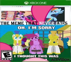 Size: 717x621 | Tagged: safe, berry punch, berryshine, rainbow dash, twilight sparkle, g4, accepted meme that never ends, activision, exploitable meme, meme, pinkievision meme, south park, the meme that never ends, xbox, xbox one