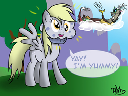 Size: 1024x768 | Tagged: safe, artist:miguelbaba, derpy hooves, discord, pegasus, pony, g4, cloud, derpy is a muffin, female, food transformation, male, mare, muffin, simpsons did it, sunglasses, the simpsons, transformation, what has magic done, what has science done