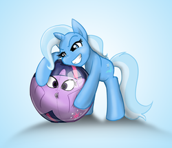 Size: 1000x859 | Tagged: safe, artist:redflare500, trixie, twilight sparkle, pony, unicorn, g4, ball, beach ball, female, inanimate tf, inflatable, inflation, mare, morph ball, objectification, transformation, twiball