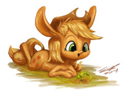 Size: 800x591 | Tagged: safe, artist:assasinmonkey, applejack, g4, female, impossibly large ears, lying, plant, prone, simple background, solo