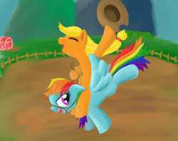 Size: 900x711 | Tagged: safe, artist:runbowdash, applejack, rainbow dash, g4, applejack riding rainbow dash, bucking, ponies riding ponies, riding, rodeo