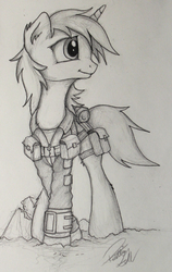 Size: 1596x2530 | Tagged: safe, artist:pajaga, oc, oc only, oc:littlepip, pony, unicorn, fallout equestria, black and white, clothes, fanfic, fanfic art, female, grayscale, hooves, horn, jumpsuit, mare, monochrome, pipbuck, solo, traditional art, vault suit