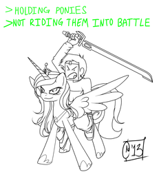 Size: 1024x1106 | Tagged: safe, artist:haydenrio, princess cadance, g4, greentext, humans riding ponies, power sword, riding, smug, sword, text