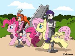 Size: 1024x763 | Tagged: safe, artist:obsidianwolf7, fluttershy, pinkie pie, earth pony, human, pegasus, pony, g4, clothes, crossed arms, female, freckles, hat, hoodie, humans riding ponies, kiddie ride, mare, playground, riding, smiling, sunglasses, unamused