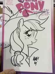 Size: 768x1024 | Tagged: safe, artist:tony fleecs, applejack, g4, female, hat, monochrome, solo, traditional art