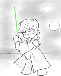 Size: 800x1000 | Tagged: safe, artist:drawponies, applejack, earth pony, pony, semi-anthro, g4, bipedal, cute, female, hatless, jackabetes, jedi, lightsaber, missing accessory, monochrome, partial color, solo, star wars, tatooine, weapon