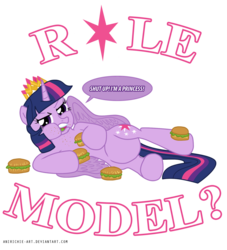 Size: 1200x1319 | Tagged: safe, artist:ladyanidraws, twilight sparkle, alicorn, pony, g4, :t, annoyed, bloated, burger, chubby, defensive, female, food, frown, glare, hay burger, hypocritical humor, looking at you, mare, messy eating, new crown, on side, open mouth, puffy cheeks, solo, spread wings, twilight burgkle, twilight sparkle (alicorn)