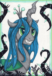 Size: 1024x1483 | Tagged: safe, artist:sparklyon3, queen chrysalis, changeling, changeling queen, rcf community, g4, black vine, bust, fangs, female, grin, portrait, quadrupedal, smiling, solo, traditional art