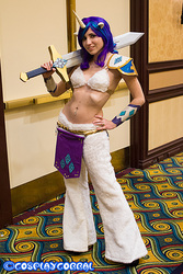 Size: 600x900 | Tagged: safe, artist:blakstarr, rarity, human, satyr, g4, 2013, anime los angeles, belly button, belly piercing, bellyring, convention, cosplay, irl, irl human, photo, piercing, satyrized, solo, sword, unconvincing armor, weapon