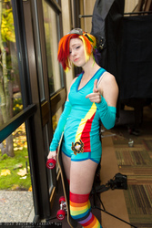 Size: 1067x1600 | Tagged: safe, artist:stunnerstatus, rainbow dash, human, g4, 2013, aki con, akicon, clothes, cosplay, goggles, irl, irl human, photo, rainbow socks, shorts, skateboard, socks, solo, striped socks