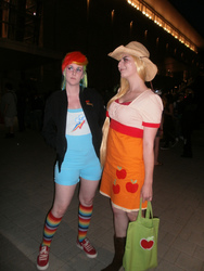 Size: 1536x2048 | Tagged: safe, artist:naiadkitty, applejack, rainbow dash, human, g4, 2012, animazement, clothes, convention, cosplay, irl, irl human, photo, rainbow socks, socks, striped socks