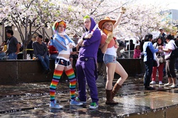 Size: 4080x2720 | Tagged: safe, artist:donknnj, artist:yinghai83, applejack, rainbow dash, spike, human, g4, 2012, clothes, cosplay, gloves, irl, irl human, midriff, northern california cherry blossom festival, photo, rainbow socks, shorts, socks, striped socks