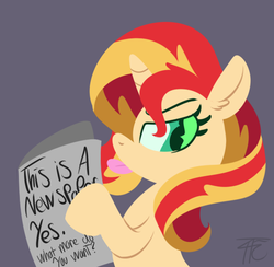 Size: 531x518 | Tagged: dead source, safe, artist:php92, sunset shimmer, pony, unicorn, g4, female, newspaper, solo, tongue out