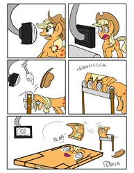 Size: 800x1035 | Tagged: source needed, useless source url, safe, artist:penkenarts, applejack, earth pony, pony, g4, comic, female, fetish, flattened, freckles, happy, hat, hypnosis, hypnosis fetish, hypnotized, inanimate object, long hair, mare, open mouth, spiral, transformation, transformation sequence, wat, wringer