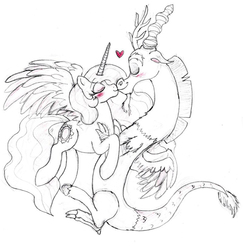 Size: 800x823 | Tagged: safe, artist:xstooiex, discord, princess celestia, g4, female, kissing, male, ship:dislestia, shipping, sketch, straight