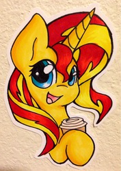 Size: 864x1217 | Tagged: safe, artist:gummigator, sunset shimmer, pony, unicorn, g4, coffee, female, happy, looking at you, smiling, solo, traditional art