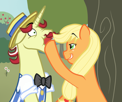 Size: 700x587 | Tagged: safe, artist:castorochiaro, applejack, flam, g4, hatless, missing accessory