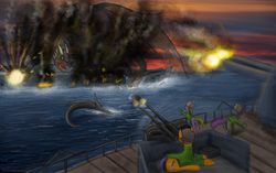 Size: 4268x2673 | Tagged: safe, artist:pantzar, oc, oc only, dragon, earth pony, pony, fallout equestria, battleship, fight, military, ship, soldier pony