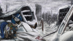 Size: 1920x1080 | Tagged: safe, artist:pantzar, oc, oc only, bygone civilization, gas mask, metro 2033, snow, snowfall, solo