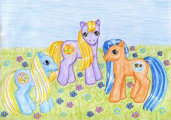 Size: 1024x717 | Tagged: safe, artist:normaleeinsane, bubblecup, garden glade, wishawhirl, g3, traditional art