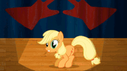 Size: 640x358 | Tagged: safe, artist:viva reverie, applejack, earth pony, pony, g4, animated, bouncing, dancing, female, hatless, immatoonlink, looking at you, missing accessory, show accurate, silly, silly pony, singing, solo, stage, talking, weird al yankovic, who's a silly pony