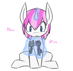 Size: 500x490 | Tagged: safe, artist:erthilo, oc, oc only, oc:glimmerlight, oc:murky, oc:protege, fallout equestria, fallout equestria: murky number seven, doll, murkylight, now kiss, shipping, younger