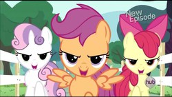 Size: 1280x720 | Tagged: safe, screencap, apple bloom, scootaloo, sweetie belle, flight to the finish, g4, cutie mark crusaders, evil smile, faic, grin, hearts as strong as horses, hub logo, looking at you, open mouth, smiling, spread wings