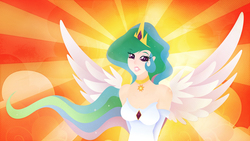 Size: 1920x1080 | Tagged: safe, artist:rariedash, princess celestia, human, g4, female, grin, humanized, lineless, smiling, solo, spread wings, sunburst background, wallpaper, wings