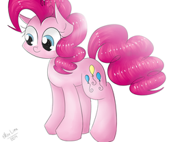 Size: 1024x851 | Tagged: safe, artist:mite-lime, pinkie pie, earth pony, pony, g4, female, mare, signature, simple background, smiling, solo, standing, white background