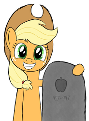 Size: 1685x2285 | Tagged: safe, artist:zaponator, applejack, g4, applejack cries on the inside, applejack's parents, family photo, father's day, female, grave, gravestone, grin, hug, implied death, looking at you, my parents are dead, pa apple, simple background, smiling, solo, stepford smiler, we are going to hell