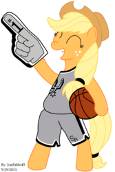 Size: 733x1097 | Tagged: safe, artist:jonpablo45, applejack, earth pony, pony, g4, ^^, basketball, bipedal, clothes, eyes closed, fan, female, foam finger, grin, hoof hold, nba, san antonio spurs, simple background, smiling, solo, transparent background, uniform, vector